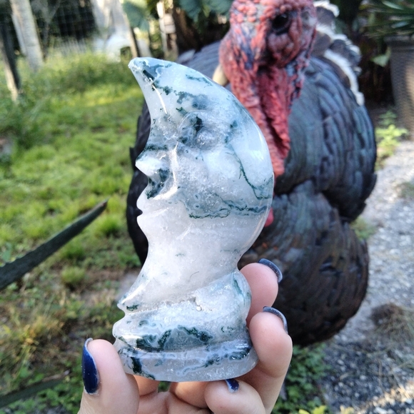 Moss Agate Moon-face Crystal Carving with window drizy